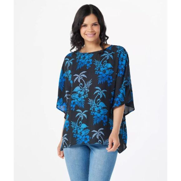 Quacker Factory Poncho Blouse Women’s 1X Palm Trees & Flamingo Print Breezy - Picture 1 of 8
